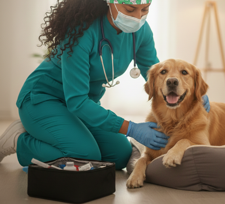 Veterinária segurando animal